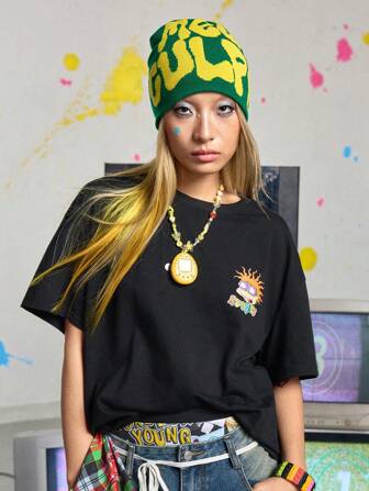 Nick 90's X ROMWE T-shirt à col d'équipage à manches courtes avec motif de bande dessinée amusant, été