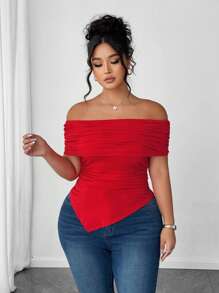 Elenzga Camiseta ajustada con cuello descubierto, volantes y bajo asimétrico para mujer de talla grande