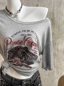 Attitoon Vintage Style Car Graphic Loose Casual T-Shirt For Women, Summer Back To School - Grey - View 9