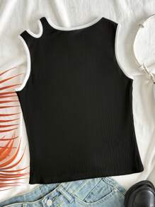 青少年女孩不对称黑白拼色休闲时尚百搭背心，适合任何场合