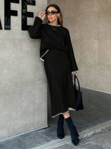 EURMUSE Women Solid Color Rib Knit Handmade Stitch Detailed Sweater & Sweater Skirt Set,Petite,Winter Clothes - Black - View 7
