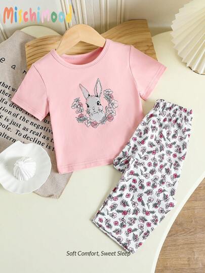 2pcs/Set Baby Girl Cute Rabbit Applique Short Sleeve Top And All-Over Floral Print Loose Pants Casual Home Outfit