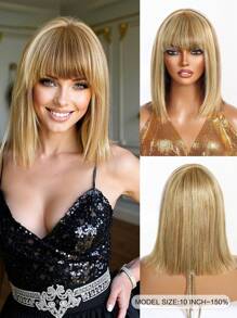 Short Bob Human Hair Wigs With Bangs Natural Straight Bob Wigs For Women Blend Blonde Color Glueless Wig Easy To Wear Daily Vacation Wedding Halloween Costumes - S10/16/613 - View 2