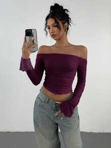 Aloruh Women's Autumn Solid Color Long Sleeve Off Shoulder Ruched Fitted Fashion T-Shirt - Purple - View 5