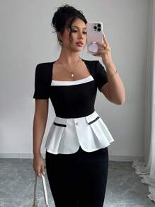 Elenzga Elegant Contrast Color Blocking Fitted Waist Short Sleeve T-Shirt, Summer , Peplum Top - Black and White - View 4