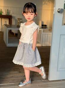 Young Girl Casual Floral Print Loose Hem Ruffle Bow Waistband Skirt, Versatile For Summer Season, Commute And Daily Wear - Grey - View 3