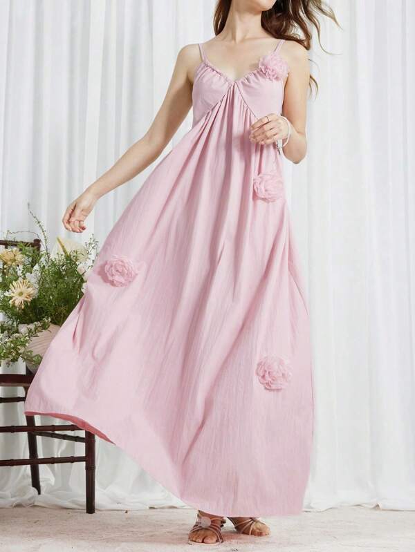 Celisse Pink 3D Floral Decor Women's Maxi Slip Dress Beach Outfits For Woman