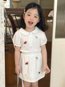 DAZY 2pcs/Set Young Girls Summer Cartoon Embroidered Puff Sleeve T-Shirt And Skirt - White - View 4