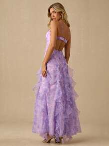 Enchnt Váy maxi organza hở lưng, cổ yếm, viền bèo nhún, dây mảnh màu tím lãng mạn mùa xuân/hè dành cho nữ, ngọt ngào và thanh lịch cho kỳ nghỉ, ngày lễ, tiệc tùng, tốt nghiệp và khách dự tiệc cưới, bãi biển, váy dạ hội, váy mùa hè cho nữ, váy chống nắng cho nữ, quần áo mùa hè, váy thanh lịch cho tiệc tùng - Màu tím hoa cà - Xem 7