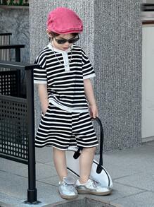 DAZY 2pcs/Set Boy (Small) Stripe Print Crew Neck Knitted T-Shirt And Knitted Stripe Shorts Outfit, Summer - Black and White - View 5