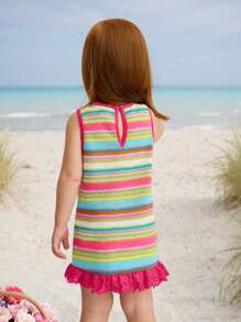 SHEIN Baby Girls' Casual Cute Colorful Striped Contrast Ruffle Trim Dress - Pink - View 4