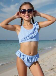 Bikini-Set mit gefaltetem Doppellagen für Mädchen im Teenager-Alter, aus blauem Spezialmaterial, stilvolles und elegantes Design, geeignet zum Schwimmen, für den Urlaub, Sommer-Outfit für Kleine Mädchen, Badeanzug-Set für Mädchen, Bikini-Set für Kinder, Zweiteiler-Badeanzug für Mädchen