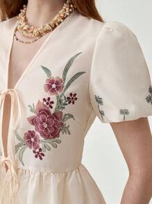 Florisole Women Boho V-Neck Puff Sleeve Tie-Waist Outerwear Shirt, Vacation/Resort Wear, Spring/Summer - Apricot - View 3