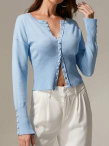 INAWLY Fashion Light Blue Bell Sleeve Cropped Button-Up Cardigan Fall Cloth For Women