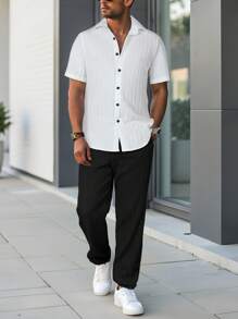 Manfinity Homme Men's Casual Short Sleeve Shirt And Pants 2-Piece Set, Summer Shirt And Pants Set - Black and White - View 7