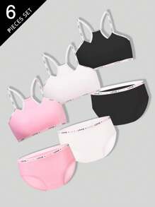 SHEIN Girls Pre-Teen 3-Piece Set: Minimalist LOVE Strap Cross Tank Top, Printed Panty, Solid Color Cotton Underwear Set - Multicolor - View 1