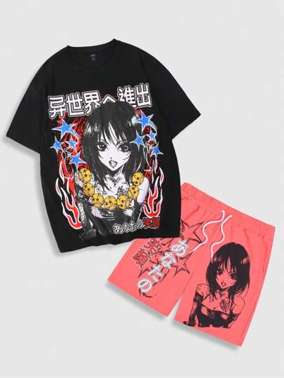 Anime مجموعة قميص كم قصير مطبوع برسوم كرتونية وشورت بخيط سحاب قطعتين للرجال