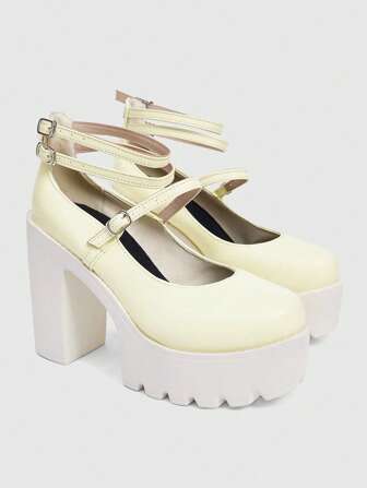 Kawaii Lila geschlossene Pumps mit dickem Absatz, Mary Jane-Stil, mit wasserfester Plattform und mehreren Schnallriemen, Damenschuhe für Partykleider