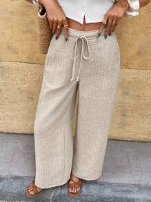 SHEIN Frenchy Damen gestreifte, weite Hose mit Taillengürtel, lässig - Aprikosenfarben - Übersicht 4