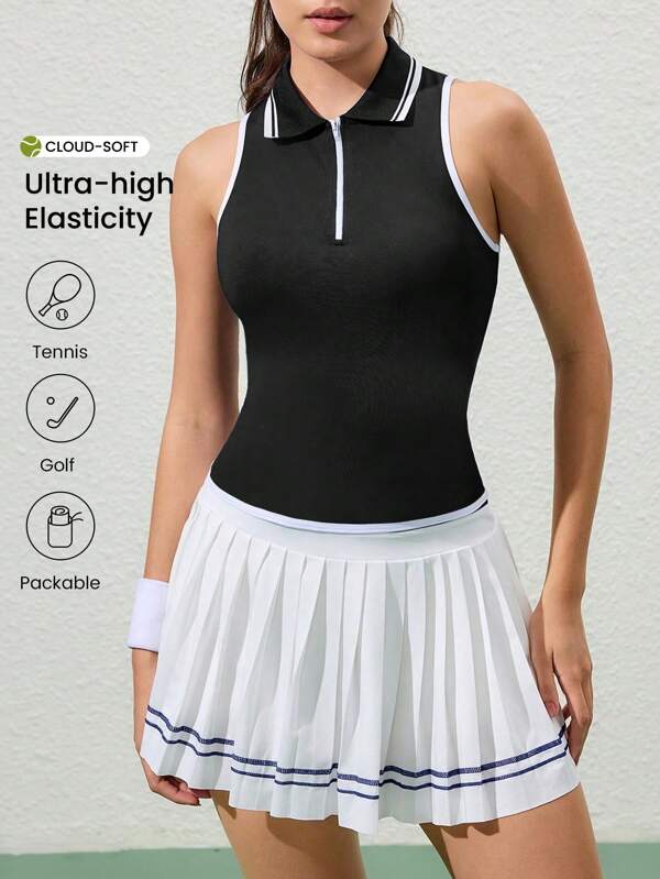 CourtClass Polo da donna a maniche corte con collo alto, con cerniera, a righe, per attività fisica quotidiana e sportiva
