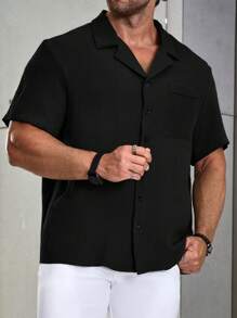 Manfinity Homme 大码男士纯色短袖单排扣休闲纽扣衬衫，夏季，男士黑色纽扣衬衫，男士纽扣衬衫 - 黑色 - 查看 5