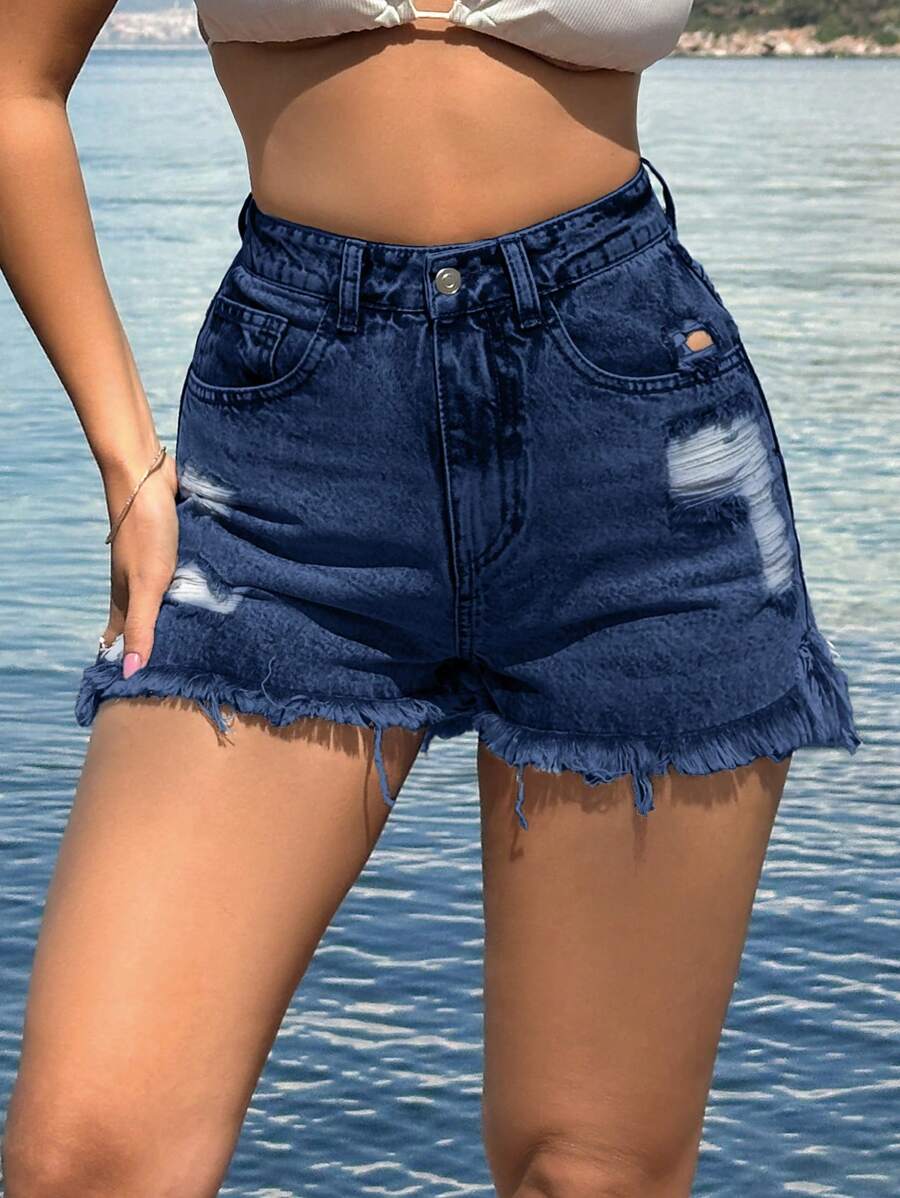SHEIN Cottnline 100%Cotton Back Label Detailed Short With Destroy - Dark Wash - View 1
