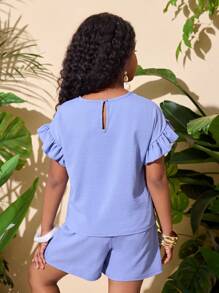 2pcs/Set Tween Girl Short Sleeve Top & Elastic Waist Shorts Casual Holiday Outfit