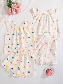 New Children 4pcs Set, Girls Cap Sleeve Top With Cap Sleeve & Shorts Sleepwear, Comfortable Casual Homewear, Summer