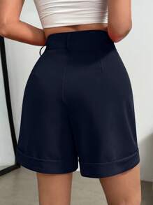 Celisse Women's Pleated Solid Color High Waist Casual Shorts For Summer - Navy Blue - View 2