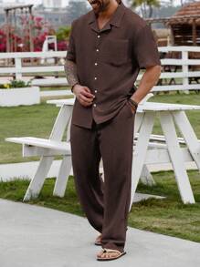 Genlund Bộ quần áo tay ngắn màu trơn một hàng khuy đơn cỡ lớn dành cho nam mùa hè, trang phục ấm áp - Cà phê nâu - Xem 4