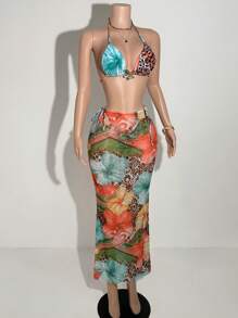 Slaydiva 2025 Spring/Summer New Romantic Beach Party Personalized Dopamine Colorful Leopard Floral Print Sheer Mesh Bralette & Fish Tail Skirt Bikini Swimwear Set, Western Wear Women - Multicolor - View 7