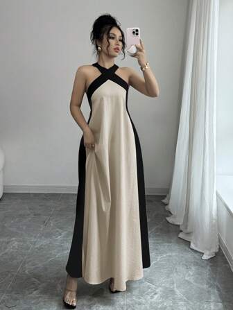 Rafferiza Women's Boho Style Backless Halter Dress With Bowknot Tie & Contrast Color Maxi Skirt, Suitable For Summer Vacation Halter Neck Maxi Dress A Line Dress