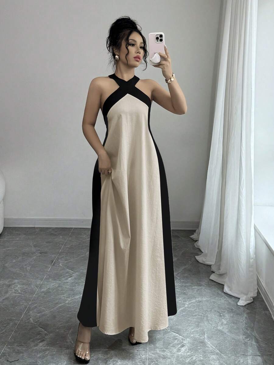 Rafferiza Women's Boho Style Backless Halter Dress With Bowknot Tie & Contrast Color Maxi Skirt, Suitable For Summer Vacation Halter Neck Maxi Dress A Line Dress - Khaki - View 1
