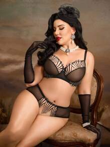 SHEIN Set de 2 piezas de lencería sexy con sujetador con aros y calzones de encaje y malla para tallas grandes - Negro - Ver 1