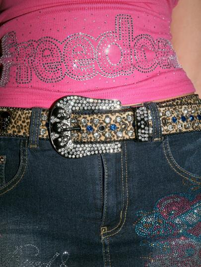 Grunge Punk 1pc Women's Rhinestone Leopard Print Skull Design Waist Belt & Pants Strap
