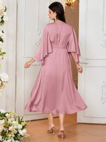 Loomaby Maternity Elegant & Mature Round Neck Bell Sleeve Long Form-Fitting Pregnant Dress - Pink - View 2