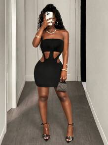 BamGleam Sexy Solid Color Hollow Out Bodycon Mini Dress, Summer - Black - View 7