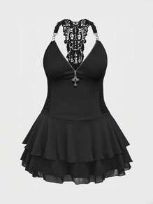 ROMWE J-Fashion Đầm nhiều lớp trang trí hình thánh giá phong cách Punk cỡ lớn - màu đen - Xem 1
