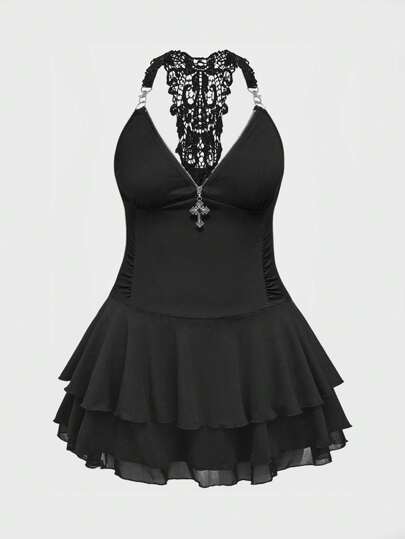 J-Fashion Plus Size Punk Style Cross Decor Multi-Layer Necklace Dress