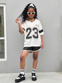 SHEIN Set de 2 bucăți pentru fete Elder Tween Girl, ocazional de zi cu zi, în stil sport în aer liber, set de pantaloni scurți cu mânecă scurtă, vară