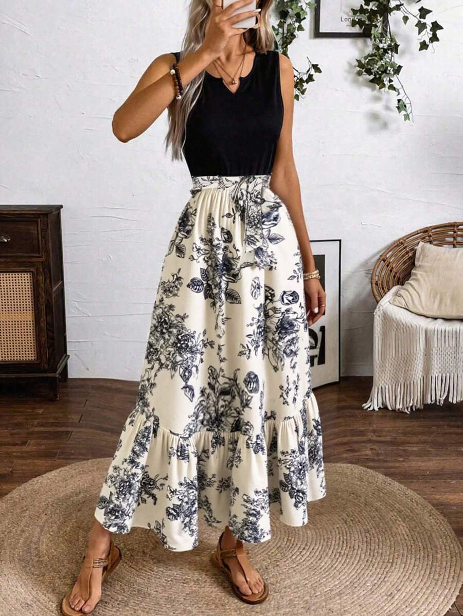 EMERY ROSE Váy dài bất đối xứng in họa tiết mùa xuân/hè (Áo vest dệt kim dài vừa phải & váy dệt, họa tiết lá) Trang phục đi biển dài đến đầu gối cho nữ - Nhiều màu - Xem 1
