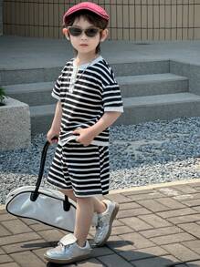 DAZY 2pcs/Set Boy (Small) Stripe Print Crew Neck Knitted T-Shirt And Knitted Stripe Shorts Outfit, Summer - Black and White - View 4