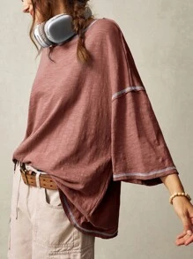 Bohemela Plain Knit Casual Round Neck Short Sleeve Plus Size Washed T-Shirt For Plus Size,Vintage