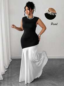 Elenzga Summer Fashionable French Retro Elegant Pearl Collar Color Block Waist Fitted Dress Women Plus Clothing Business Casual Women Casual Dress Women Birthday Outfit Women Dresses Birthday - Black - View 3