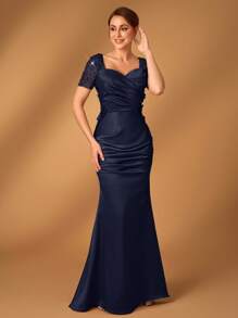 Serin Elegant Luxury Embroidered Lace Panel Stretch Satin Ruched Fishtail Skirt, Suitable For Weddings, Social Events, Singles Parties, Vacations, Balls, Bride Mother Evening Dresses - Navy Blue - View 1