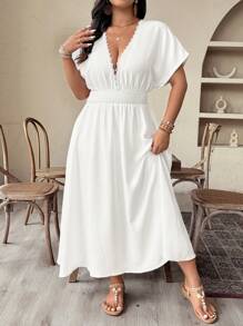 SHEIN CURVE+ Plus Size Women Elegant Woven Short Sleeve Pure White Collar Lace Trim Loose Fit Dress - White - View 5