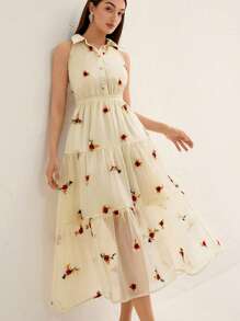 Aveloria Apricot Background Embroidered Standing Collar Half-Open Front Sleeveless Dress All Over Print  For Summer Spring Fall Autumn
