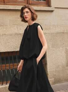 Ontre 2026春夏女式衬衫，圆领纯黑色无袖上衣，带口袋设计，优雅商务休闲风，适合情人节、节日、婚礼宾客等场合，复古高贵百搭。 - 黑色 - 查看 2