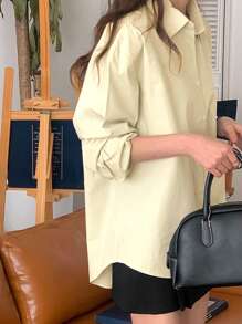 DAZY Women Mint Green Loose Fit Turndown Collar Back Slit Long Sleeve Shirt, Spring/Summer,Fall Clothes - Apricot - View 2