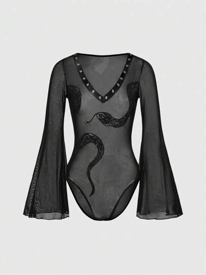 Goth Summer Beach Goth Snake Print Embroidery Mesh Sheer Bodysuit